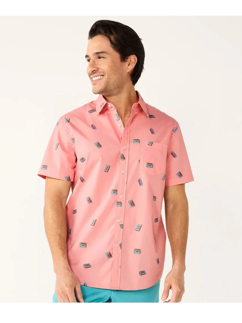 Pink Short-Sleeve Button-Down Shirt with Cassette Print